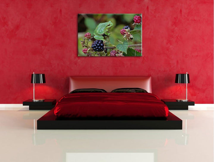 kleiner Frosch auf Brombeerstrauch Leinwand, XXL riesige Bilder fertig gerahmt mit Keilrahmen, Kunst