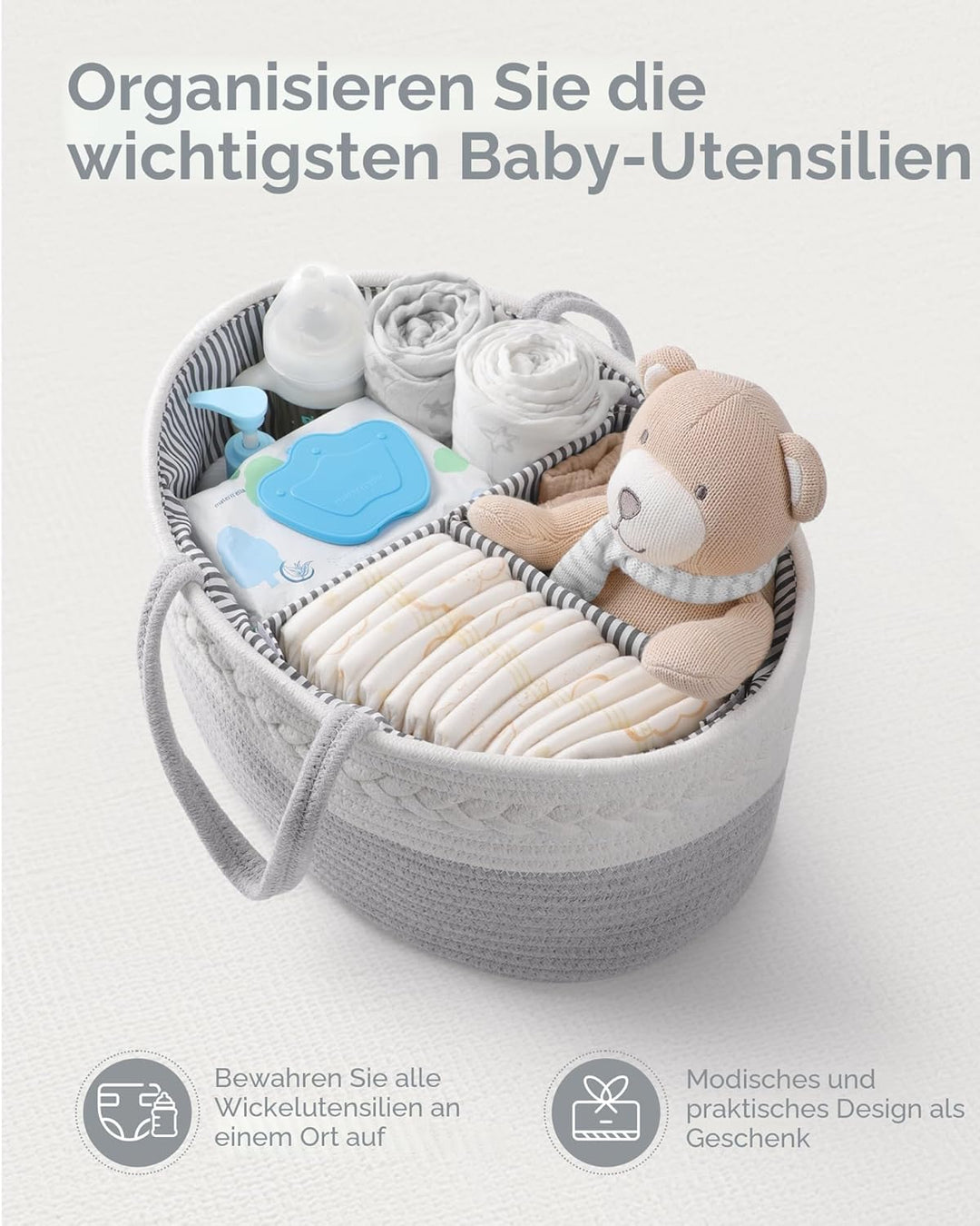 Maliton Baby Windel Caddy Organizer，Wickeltisch Organizer Aufbewahrungskorb mit Herausnehmbaren Fäch
