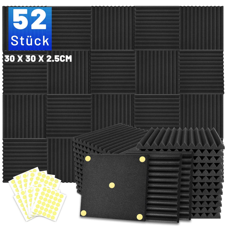 52 Stück Akustikschaumstoff Schalldämmung, 30 X 30 X 2.5CM Akustikpaneelemit Aufkleber, Schallschutz
