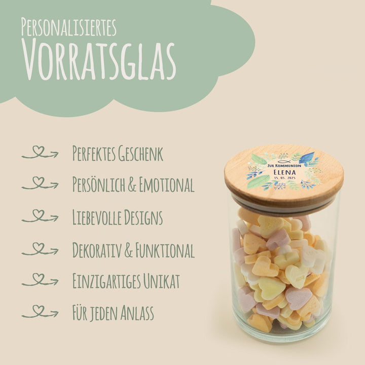 GRAVURZEILE Vorratsglas mit bedrucktem Holzdeckel - Kommunion Pflanzen - Personalisiert mit Name & D