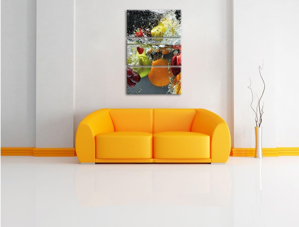 Pixxprint Früchte Fallen ins Wasser als Leinwandbild - Grösse: 3-Teilig (120x80cm) - Wandbild - Kuns