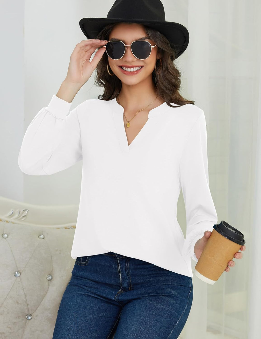 Beluring Langarmshirt Damen Elegant V Ausschnitt Tunika Bluse Einfarbig T-Shirt, S Weiß