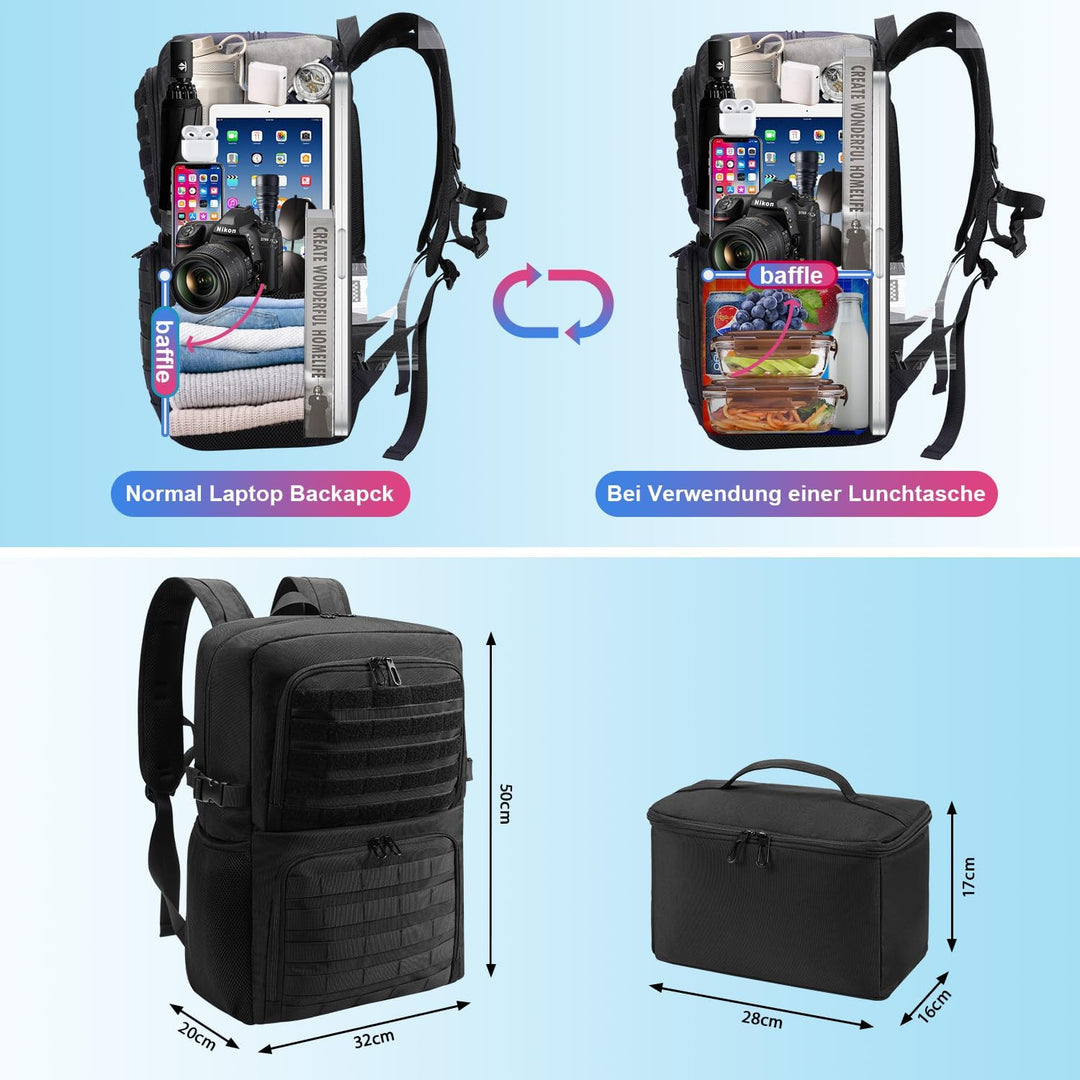 BERTASCHE Lunch Rucksack, Laptop Rucksack mit Kühltasche für 17,3 Zoll, 2-IN-1 Rucksack Herren für T