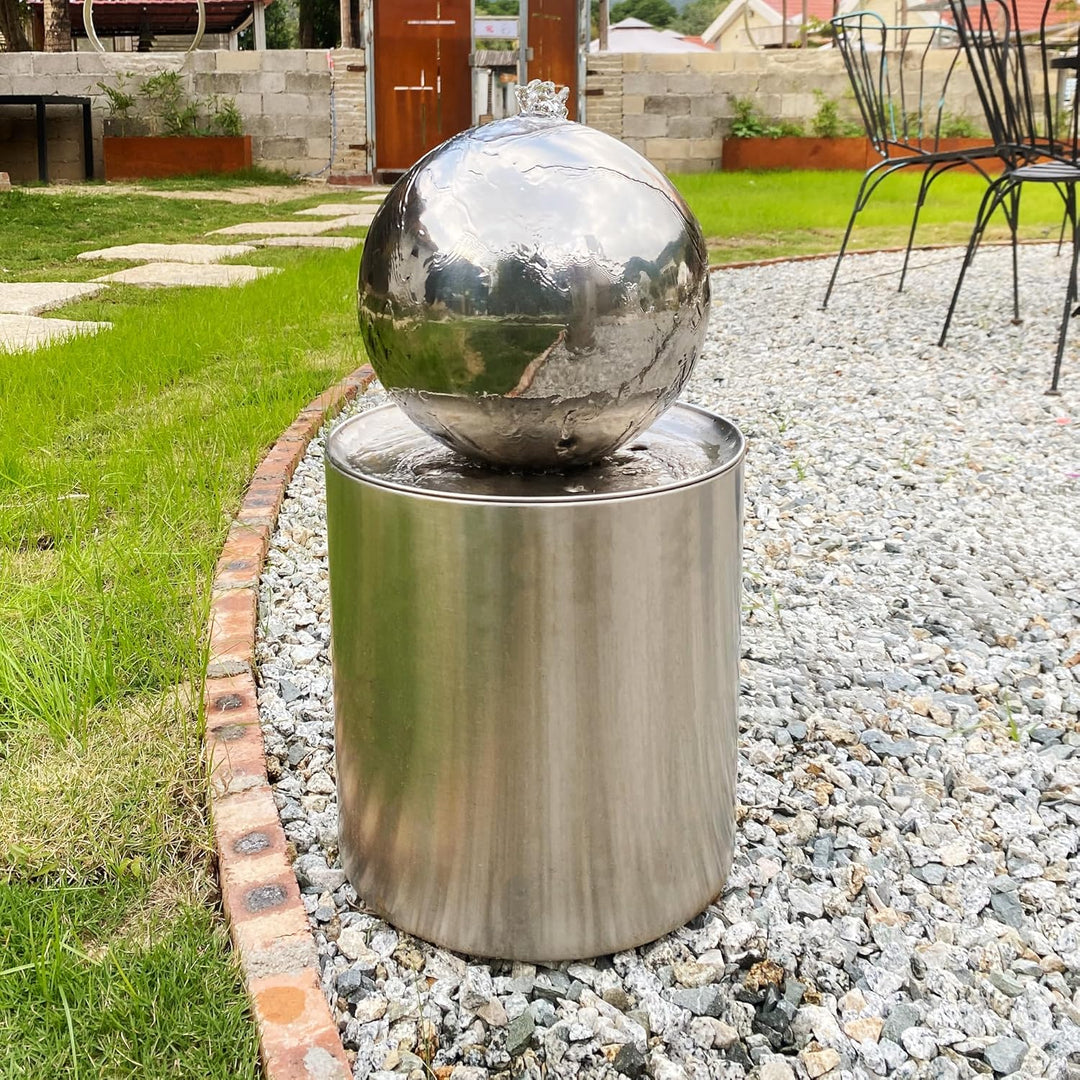 Köhko® Kugelbrunnen Ø25cm mit integrierte LED-Beleuchtung auf zylindrischen Edelstahl Eimer H30cm ho