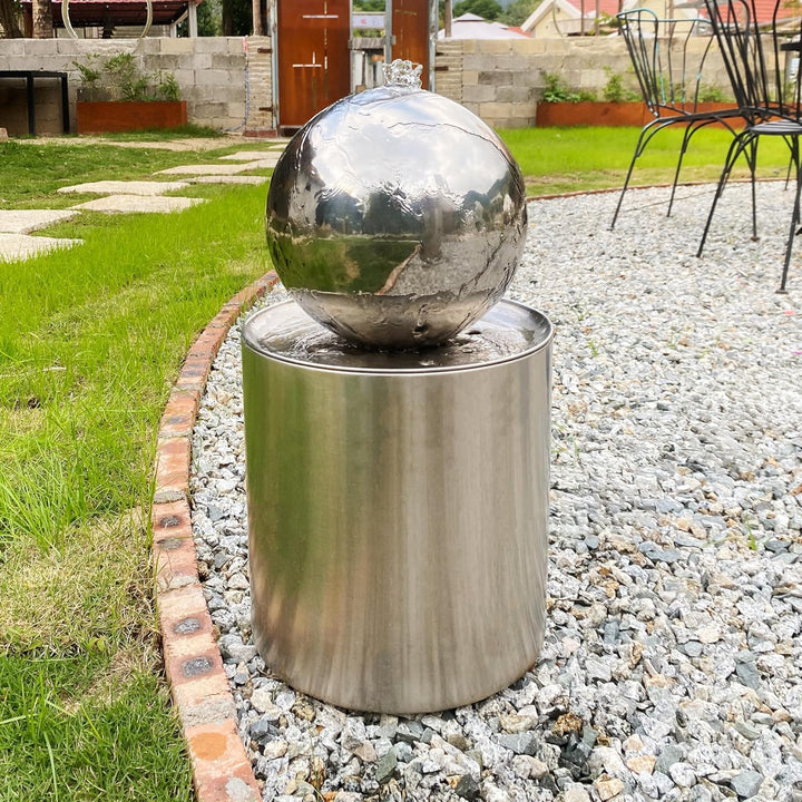 Köhko® Kugelbrunnen Ø25cm mit integrierte LED-Beleuchtung auf zylindrischen Edelstahl Eimer H30cm ho