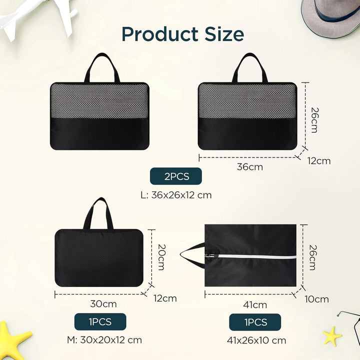 Cozary Kompressions-Packwürfel mit Schuhbeutel 4er-Set, Doppelseitig Kofferorganizer Handgepäck Pack