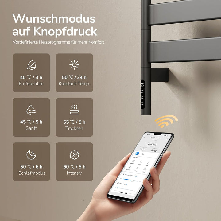 EMKE Elektrischer Handtuchheizkörper 769x450 mm, 180° schwenkbarer Badheizkörper mit WiFi-App-Steuer