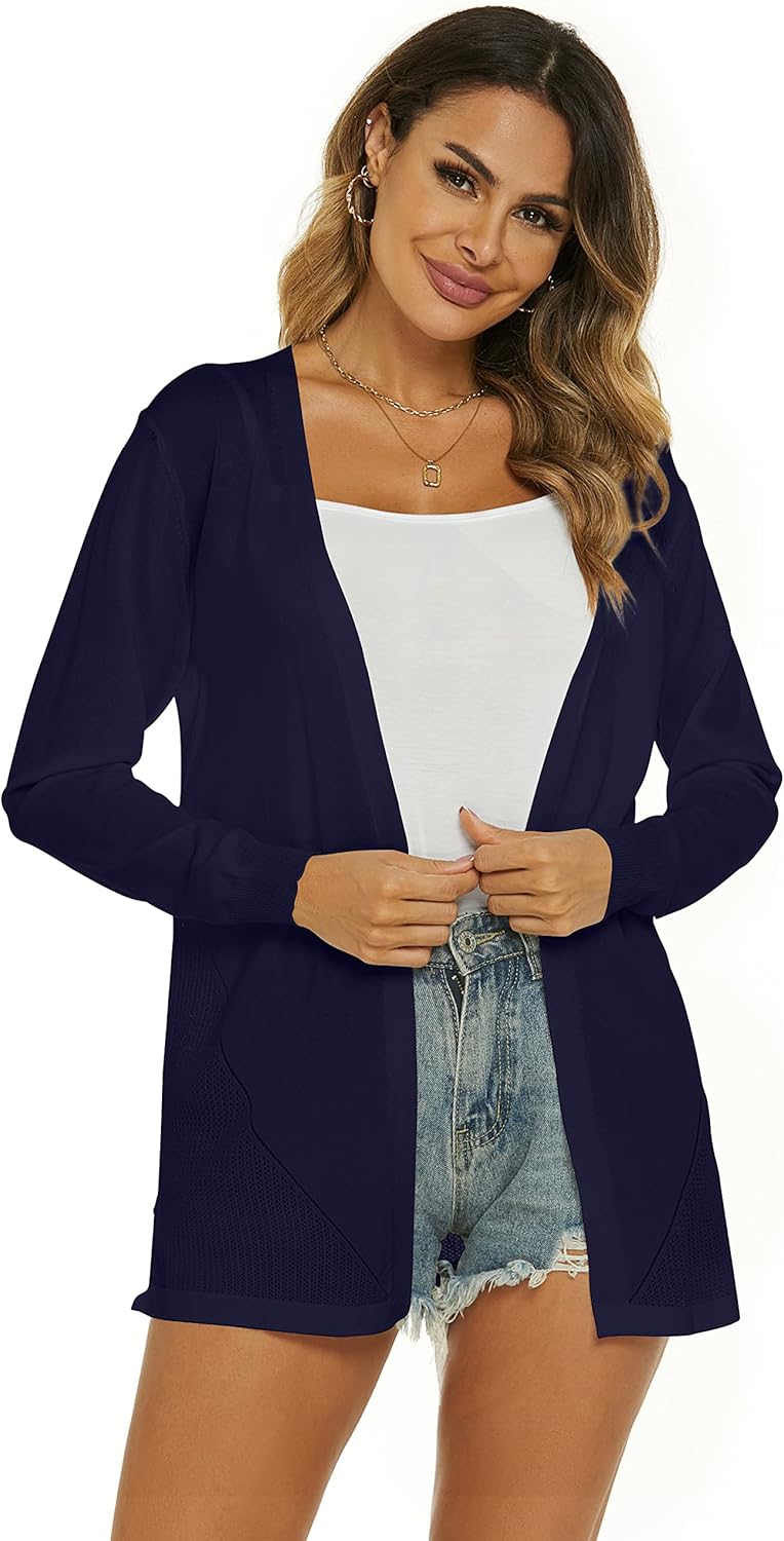 Damen Strickjacke Sommer Cardigan Elegant Lang Jacke Leichte Langarm Offene Strickjacke Sommerjacke,