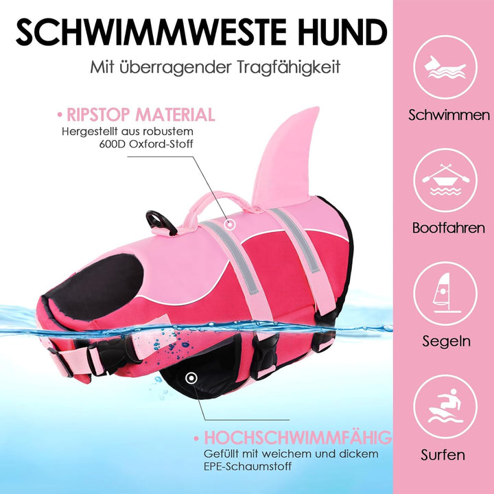 AOFITEE Schwimmweste Hund Mittel, Hoher Auftrieb Hundeschwimmweste Hai, Verstellbar & Ripstop Rettun