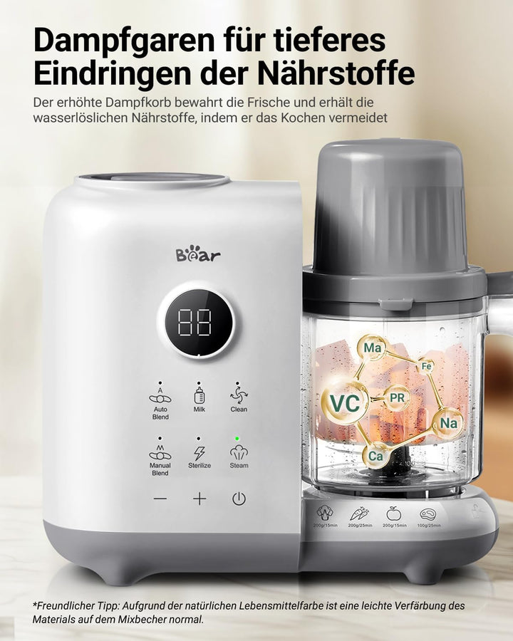 Bear 6-in-1 Dampfgarer mit Mixer Premium Babynahrungszubereiter,Dämpfen, automatisches Rühren, Milch
