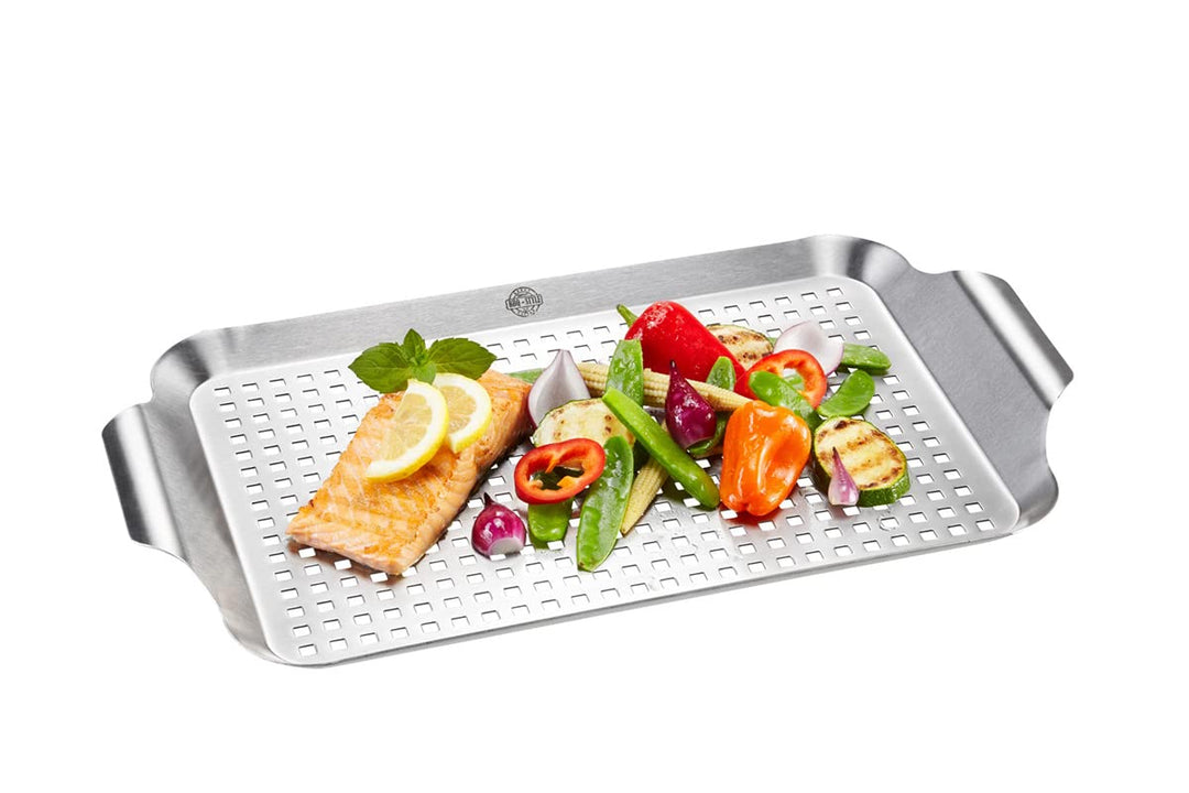 GEFU Grillpfanne BBQ gross, Edelstahlpfanne mit Lüftungsschlitzen | Perfekt für Fisch, Gemüse, Meere