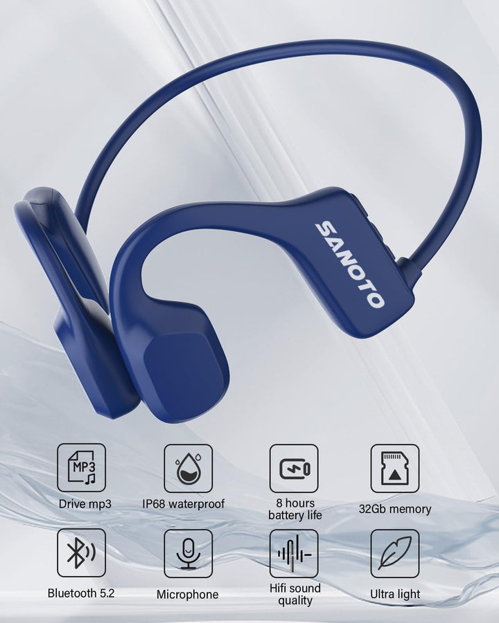 SANOTO Kopfhörer Schwimmen Bluetooth 5.2 &amp; MP3 Player, Blau | Open Ear Knochenschall, IP68 Unterwass