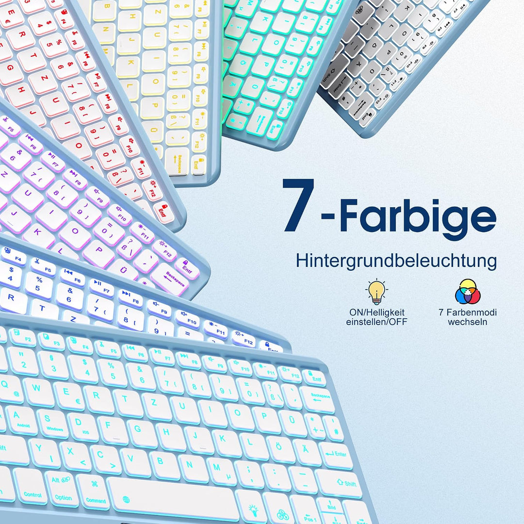 Vobafe Bluetooth Tastatur mit Touchpad, 7-farbiges Backlight iPad Tastatur Hellblau, Hellblau