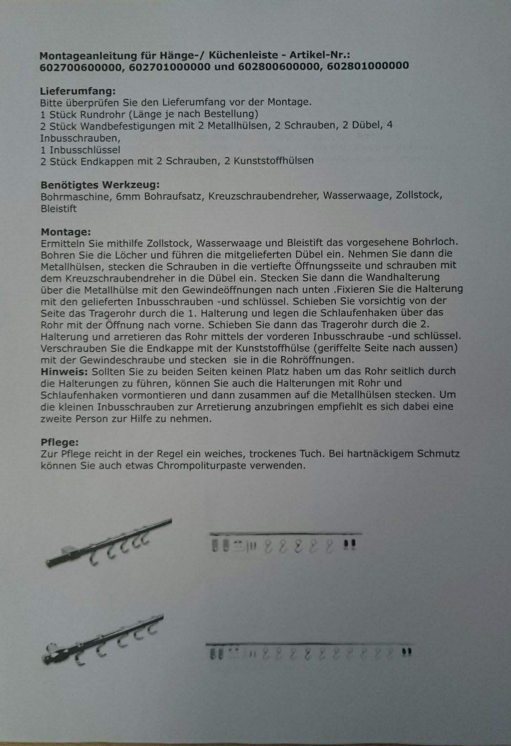 Hängeleiste/Küchenleiste zur Wandbefestigung 60cm, mit 5 Haken