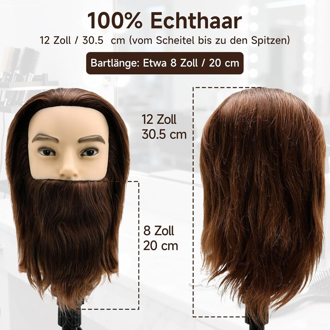 TwoWin 12 Zoll (30.5 cm) Mann Frisierkopf 100% Echthaar mit Bart, Frisurenkopf Männlicher Haarschnit