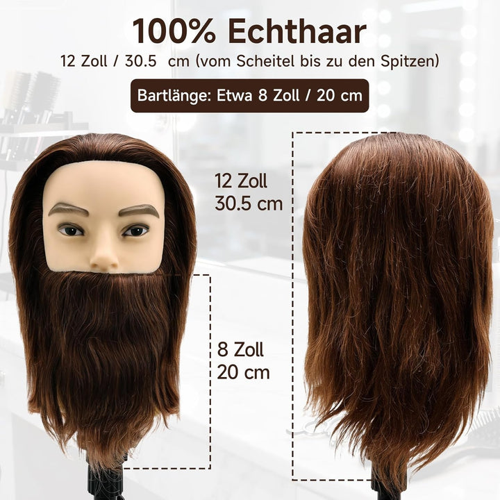 TwoWin 12 Zoll (30.5 cm) Mann Frisierkopf 100% Echthaar mit Bart, Frisurenkopf Männlicher Haarschnit