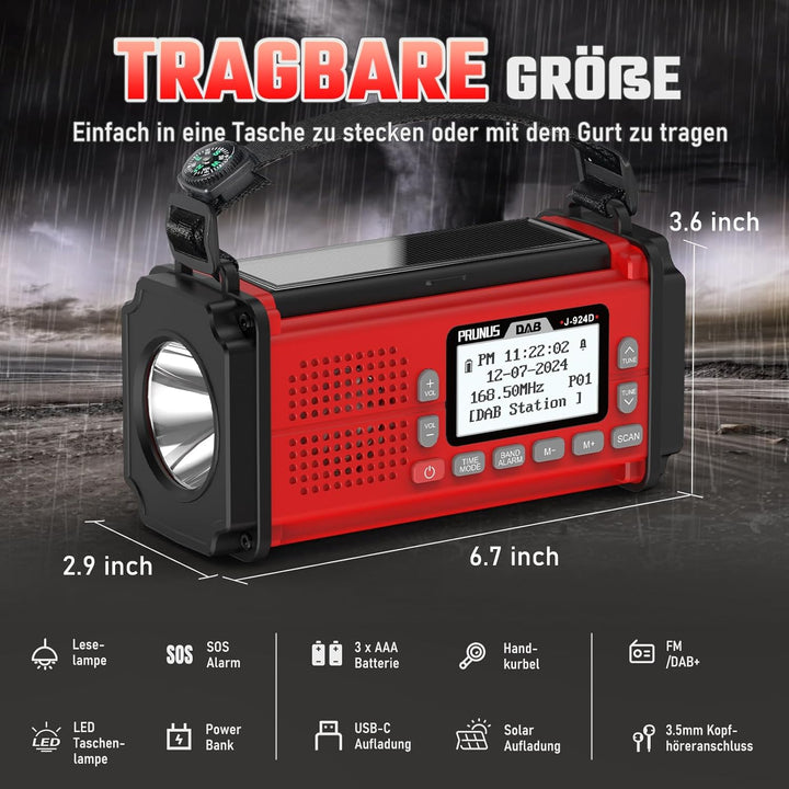PRUNUS J-924D Digital Radio DAB+/UKW, Kurbelradio Notfall mit 10000mAh Akku, DAB Radio mit Bluetooth