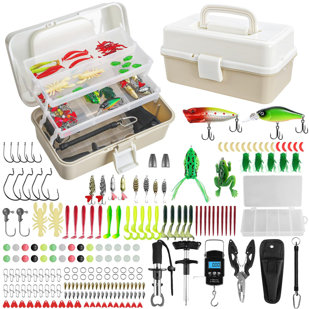FUNANASUN 3-Regal Angelkoffer mit Zubehör, 213 Stück Angelzubehör Köder Set, Angelset mit Köder, Ble