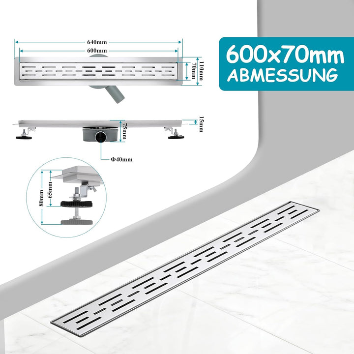 Duschrinne 600 x 70 mm Edelstahl 304, Siphon mit Geruchsstop und Haarsieb, 304 Edelstahl Ablaufrinne