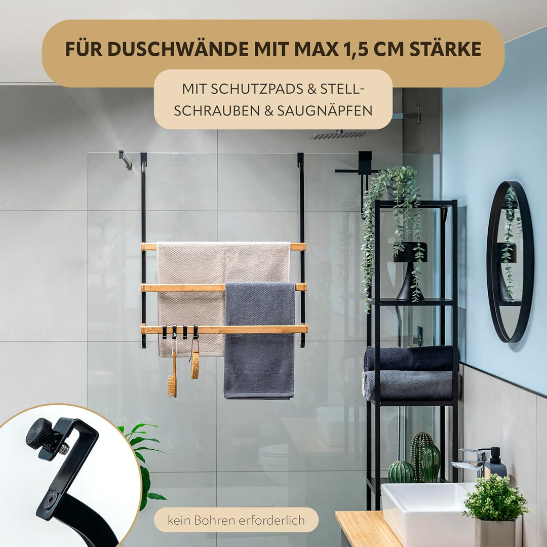 eluno Handtuchhalter für die Glasduschwand aus Metall und Bambus, Handtuchhalter mit 3 Handtuchstang