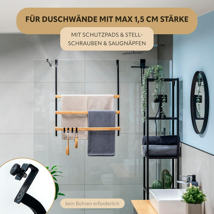 eluno Handtuchhalter für die Glasduschwand aus Metall und Bambus, Handtuchhalter mit 3 Handtuchstang