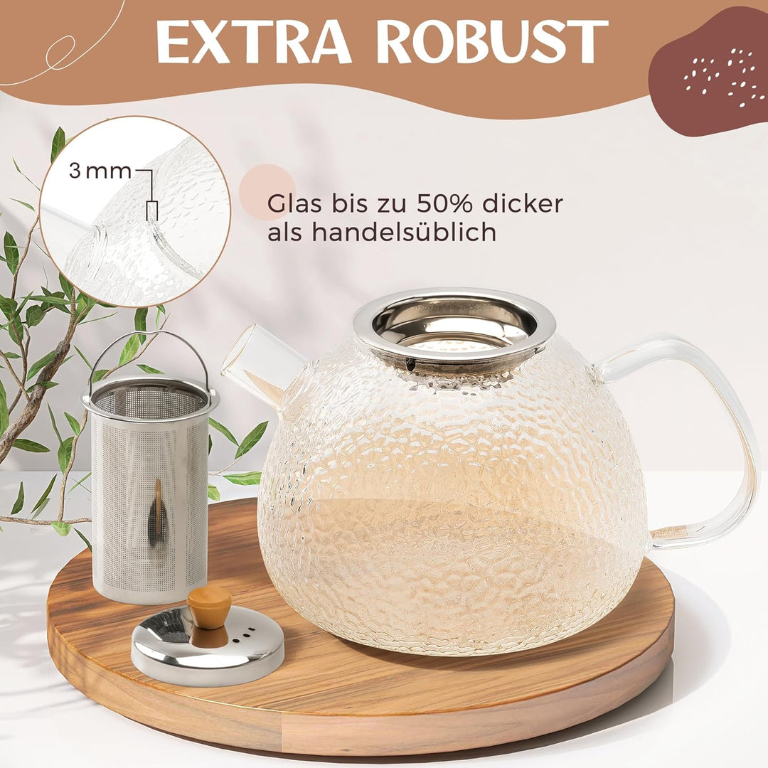 Glas Teekanne mit Siebeinsatz - 1,5 Liter - Erhöhte Glasstärke - Teekanne Glas - Teezubereiter für L
