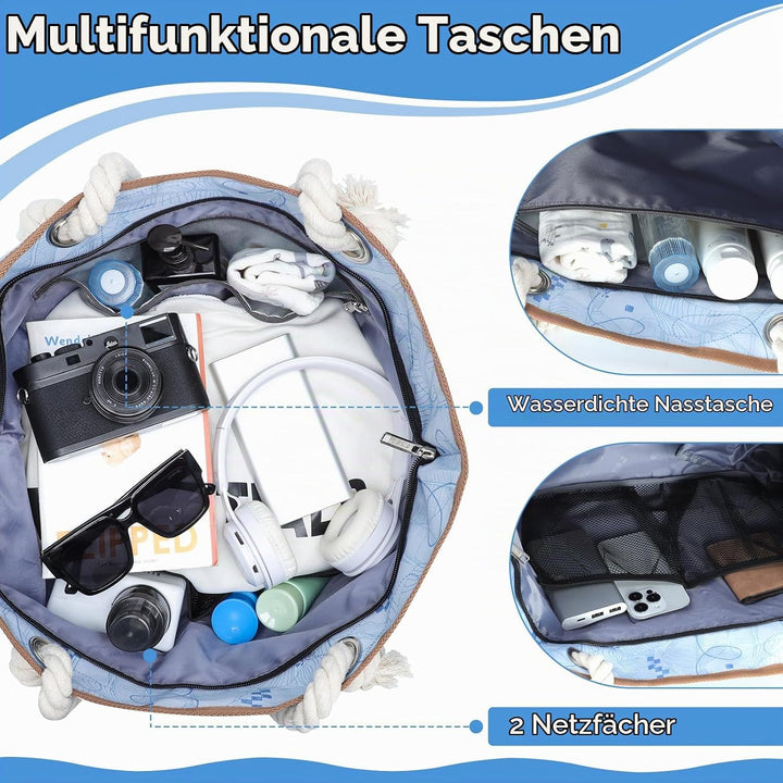 Strandtasche Damen Gross mit Reissverschluss, Vielseitiger Badetasche XXL Familie Saunatasche Reiset