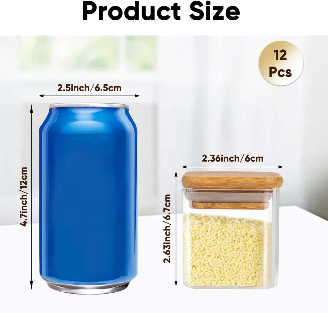 Gewürzgläser Eckig 12er Set,120ml Gewürz Organizer Gewürzdosen Set Bambusdeckel,Gewürzstreuer Glas G