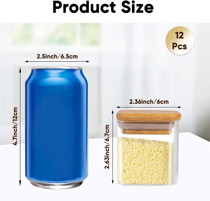 Gewürzgläser Eckig 12er Set,120ml Gewürz Organizer Gewürzdosen Set Bambusdeckel,Gewürzstreuer Glas G