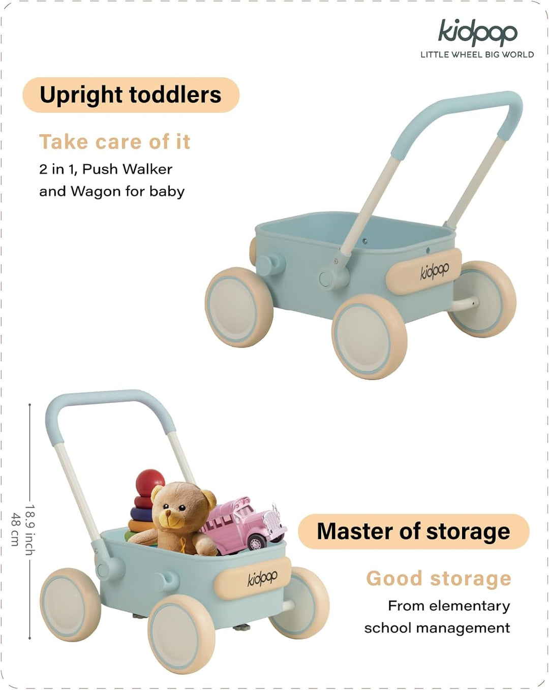 Kidpop PULA 2-in-1 Lauflernwagen Baby Push Pull Lauflernhilfe Spielzeug,4-in-1-Lauflernhilfe mit Räd