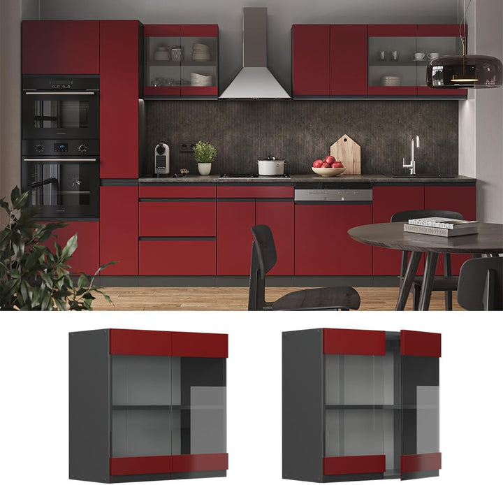 Vicco Küchenschrank Glas R-Line, Rot/Anthrazit, 60 cm J-Shape Rot Hängeglasschrank 60 cm, Rot Hängeg