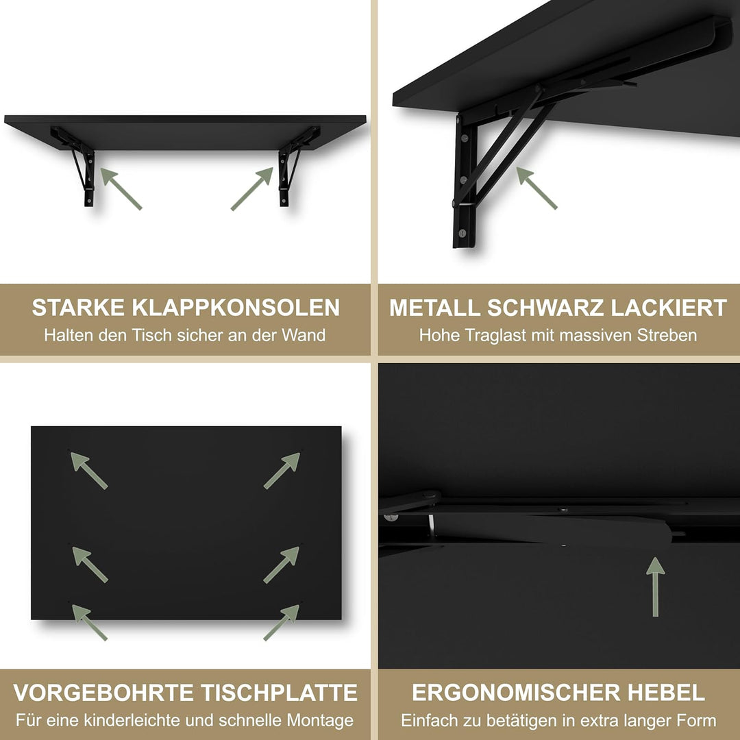 KDR Wandklapptisch 80x50 cm Schwarz – Klappbarer Tisch zur Wandmontage – als Esstisch, Schreibtisch,