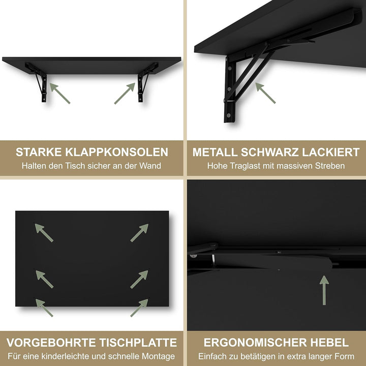 KDR Wandklapptisch 80x50 cm Schwarz – Klappbarer Tisch zur Wandmontage – als Esstisch, Schreibtisch,