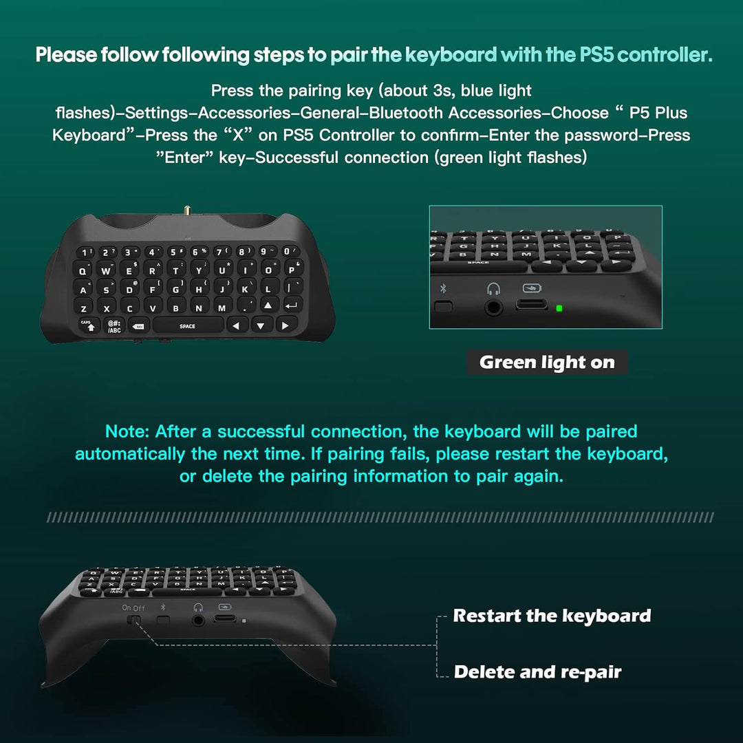 TiMOVO Grün Hinterlicht Tastatur für PS5 Controller, Kabellos Bluetooth Chatpad für PlayStation 5 Co