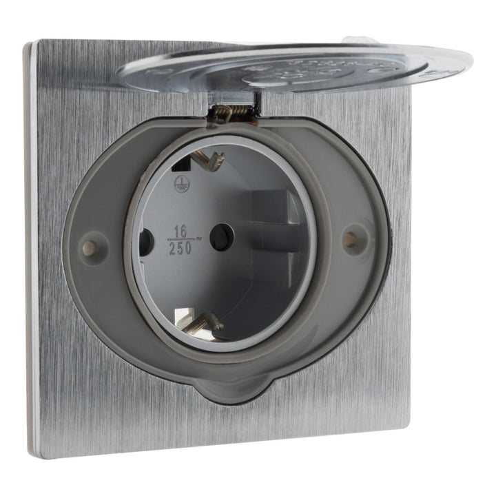 Schuko Bodensteckdose 16 A, gebürstetes Aluminium-Finish, IP44 mit Installationsbox