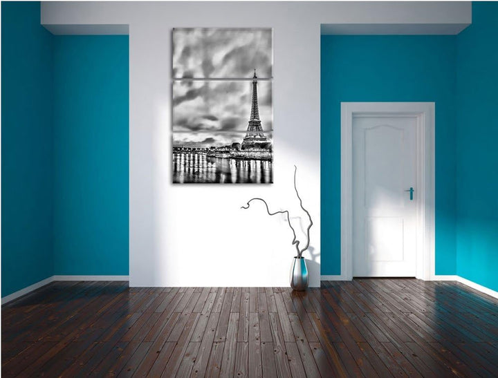 Pixxprint Monocrome, Eifelturm Paris bei Nacht 3-Teiler Leinwandbild 120x80 Bild auf Leinwand