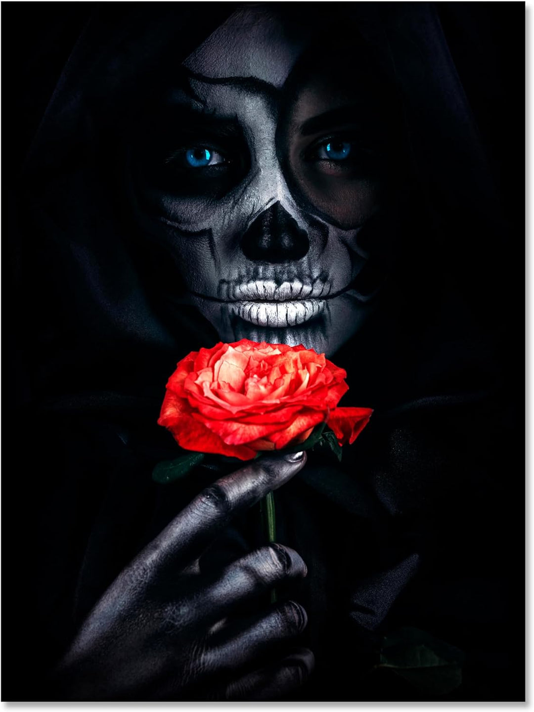 wandmotiv24 Leinwandbild Models, 60x45cm, Hochformat, Frau, Rose, Totenkopf, Deko, Bilder auf Leinwa