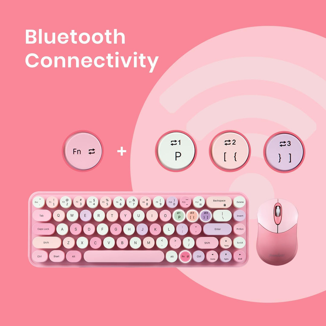 Perixx PERIDUO-802PK Bluetooth Mini Keyboard and Mouse Combo - Retro Round Key Caps - Pastel Pink -
