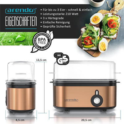 Arendo - Edelstahl Eierkocher Threecook - Egg Cooker - EIN AUS-Schalter - Wählbarer Härtegrad - 210