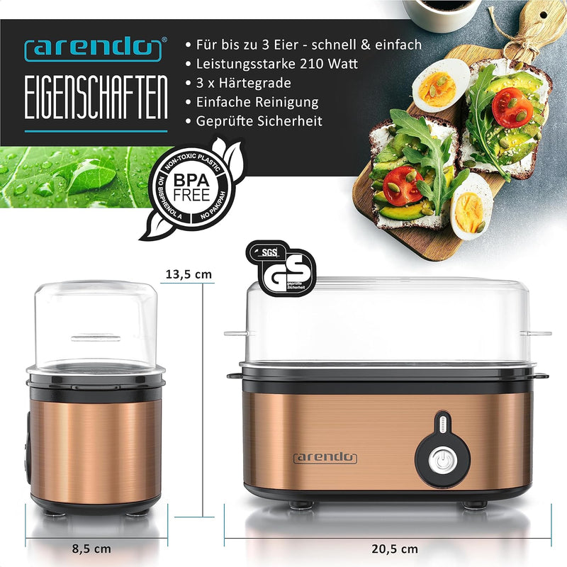 Arendo - Edelstahl Eierkocher Threecook - Egg Cooker - EIN AUS-Schalter - Wählbarer Härtegrad - 210