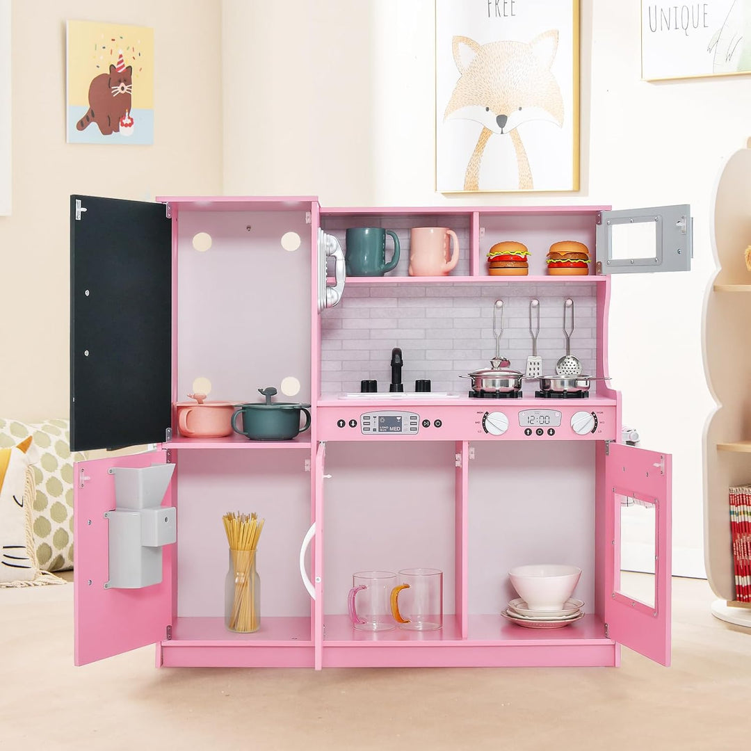 HOMASIS Spielküche mit 10 Zubehör, Kinderküche Holz, Spielzeugküche mit Tafel Spüle Herd Ofen Mikrow