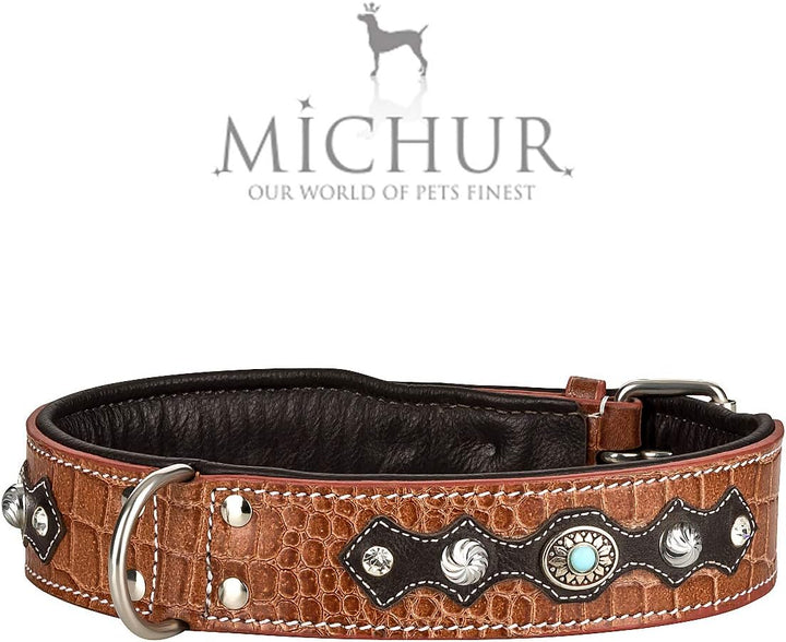 MICHUR Lakota Hundehalsband Leder, Lederhalsband Hund, Halsband, BRAUN, Leder, Blaue Steine MIT RUND