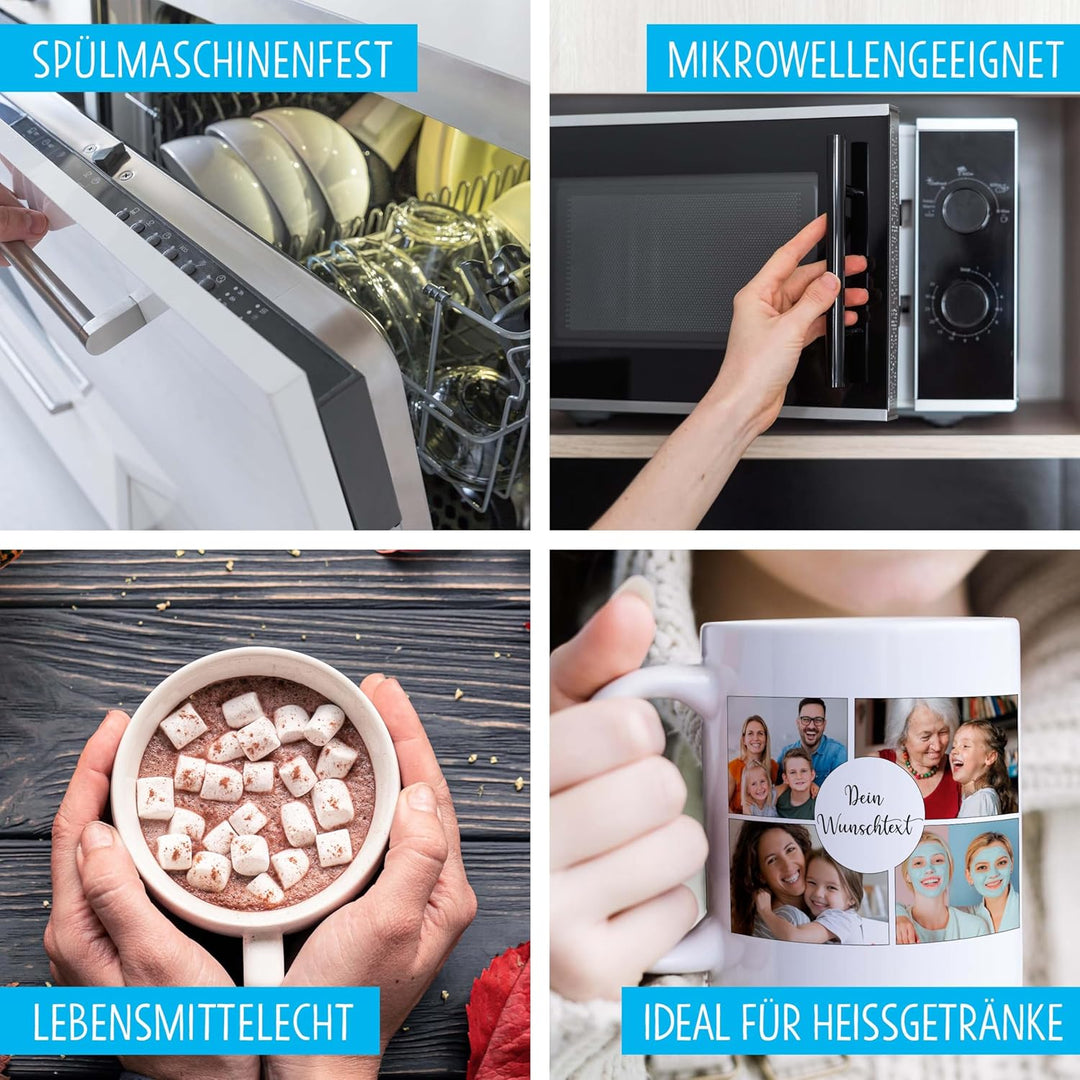 OWLBOOK® Personalisierte Tasse mit 8 Fotos & Spruch selbst gestalten | Fototasse mit eigenem Bild &