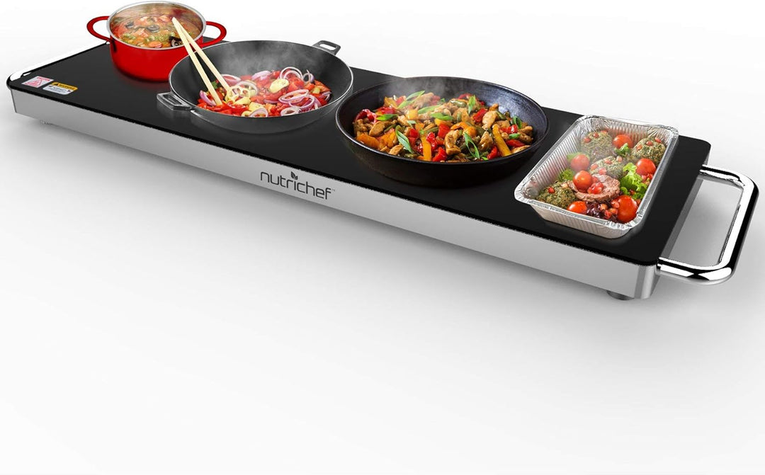 NutriChef Warmhalteplatte Elektrisch – 56,9 × 17 cm Glas-Kochplatte mit Griffen für Speisen, Für Buf