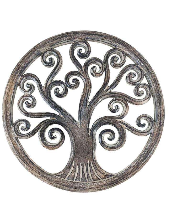 Coco Papaya Wanddekoration, Durchmesser 40 cm, Baum des Lebens, geschnitztes Holz, braun gekalkt