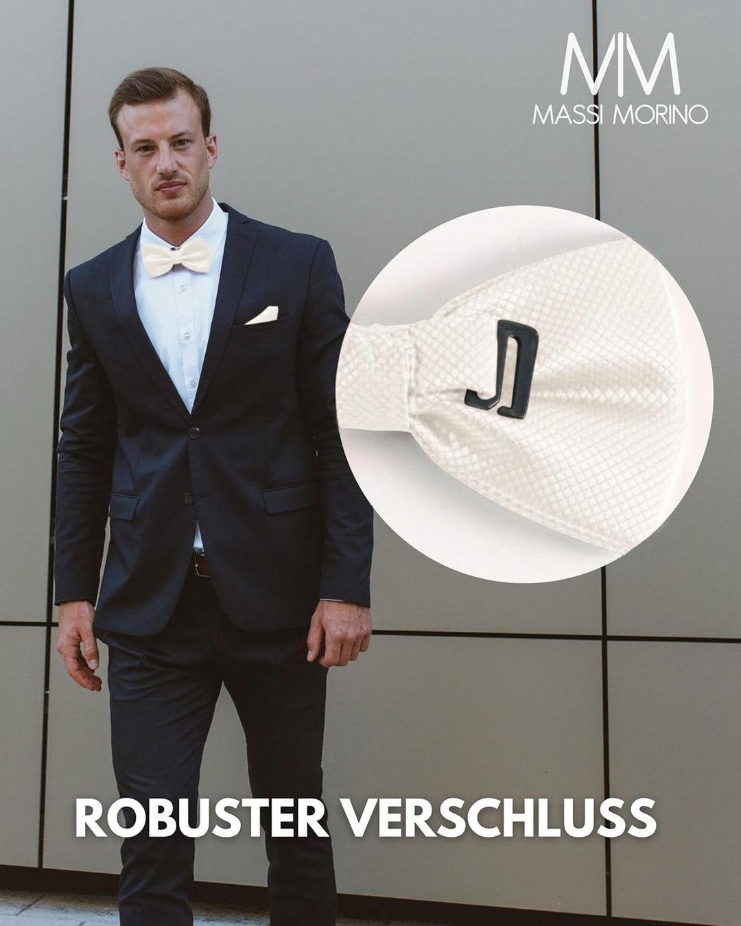 Massi Morino Fliege mit Einstecktuch für Herren Set - Anzug Herrenfliege zur Hochzeit - Verstellbare