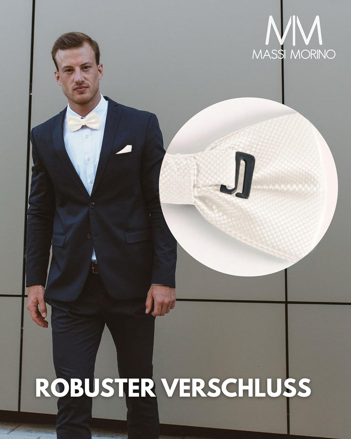 Massi Morino Fliege mit Einstecktuch für Herren Set - Anzug Herrenfliege zur Hochzeit - Verstellbare