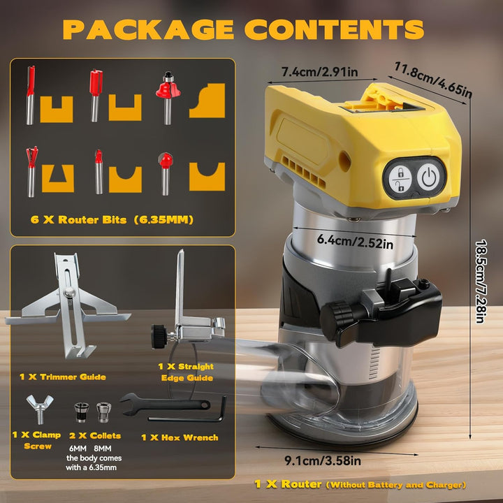 800 W schnurloser Holzfräser für Dewalt 18 V 20 V Akku, Aluminiumbasis, bürstenloses 30.000 U/min, W
