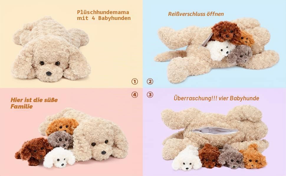 MorisMos Hund Kuscheltier XXL mit 4 Babys im Bauch, gross Hund Plüschtier Stofftier Kuscheltiere, ri