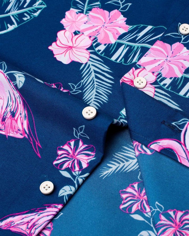 Herren Hawaiihemd Kurzarm Party Hemd Casual Flamingo Floral Strandhemd Bügelfrei Button Down Kurzarm